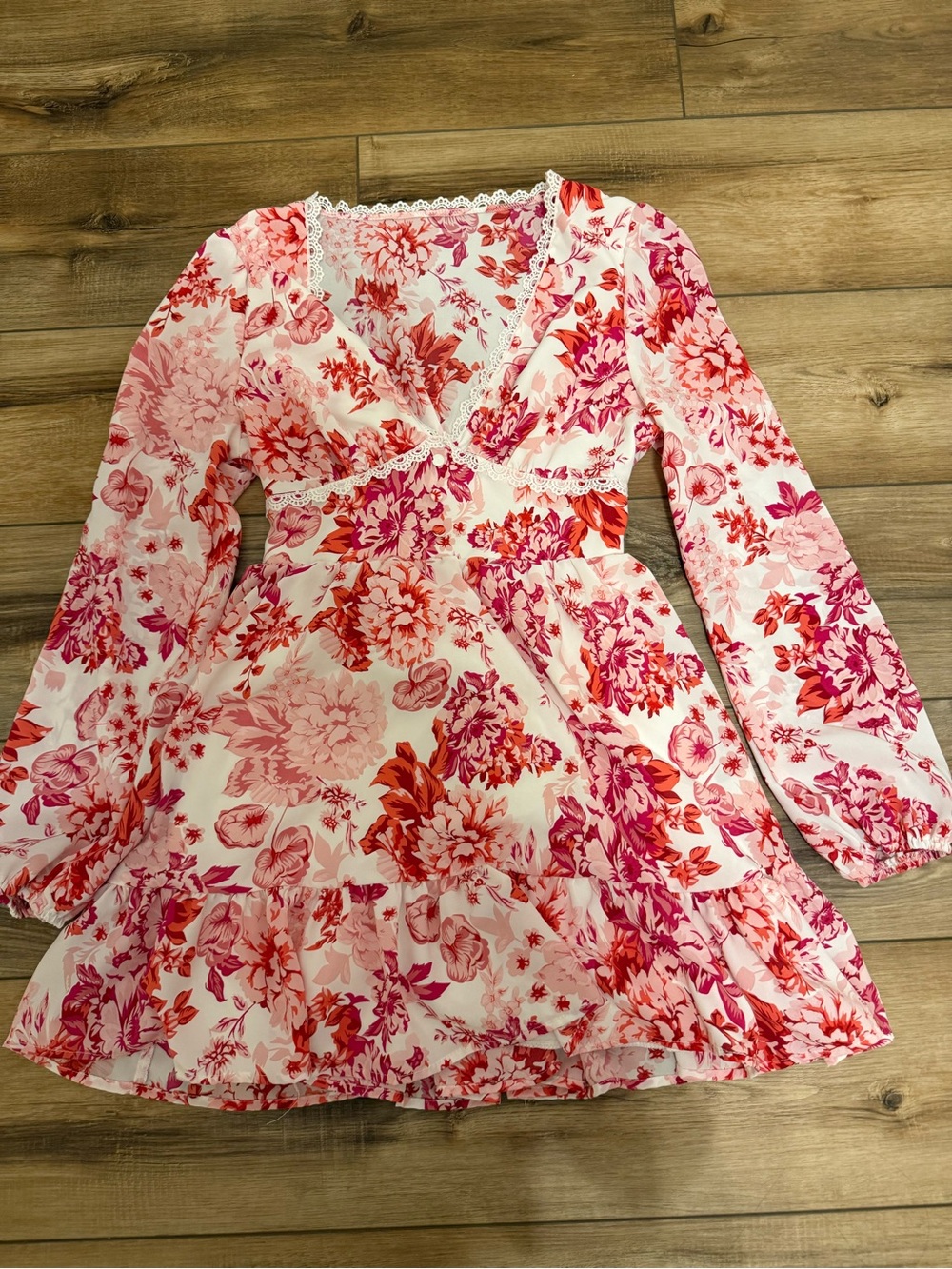 Floral Lace-Trim Pink & Red Dress